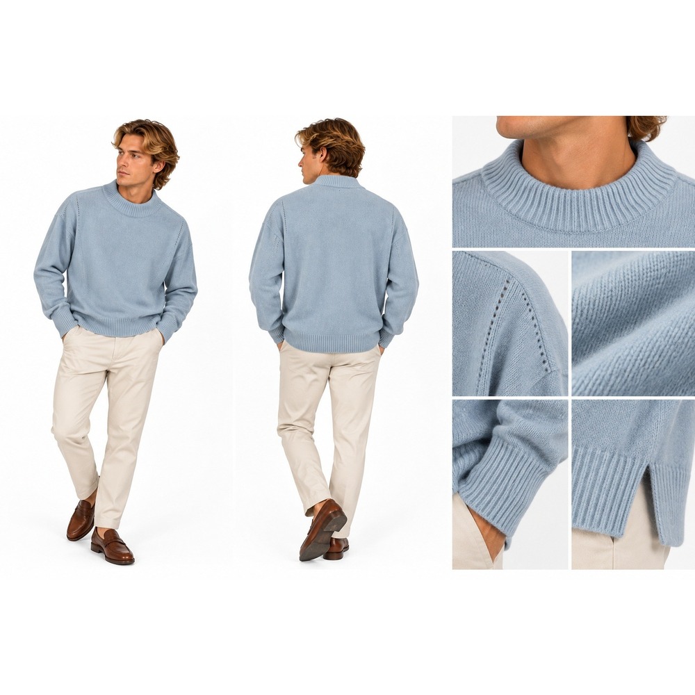 Belstaff Sweater Mens XL Blue Virgin Wool Cashmere Mock Neck Ribbed Knit Luxury